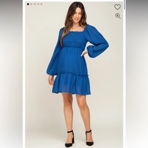 Pinkblush Royal Blue Textured Shirred Long Sleeve Maternity Dress